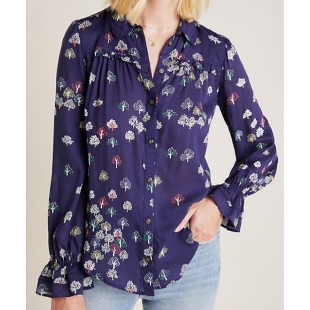 NEW MAEVE ANTHROPOLOGIE NAVY TREE PRINT FREDERICKA BUTTON DOWN TOP BLOUSE SIZE 0